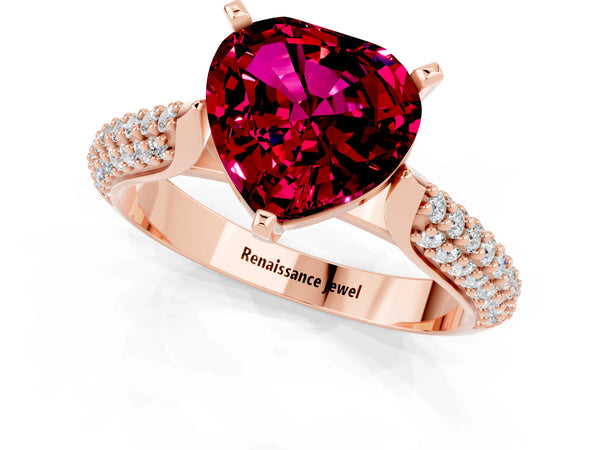 Rose gold Heart Cut Garnet Solitaire Engagement Ring with Multi-Row Round Pavé Band and Prong Setting