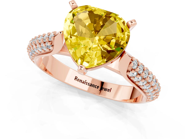 Rose gold Heart Cut Yellow Sapphire Solitaire Engagement Ring with Multi-Row Round Pavé Band and Prong Setting