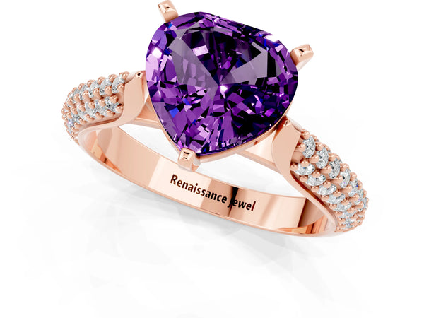 Rose gold Heart Cut Amethyst Solitaire Engagement Ring with Multi-Row Round Pavé Band and Prong Setting