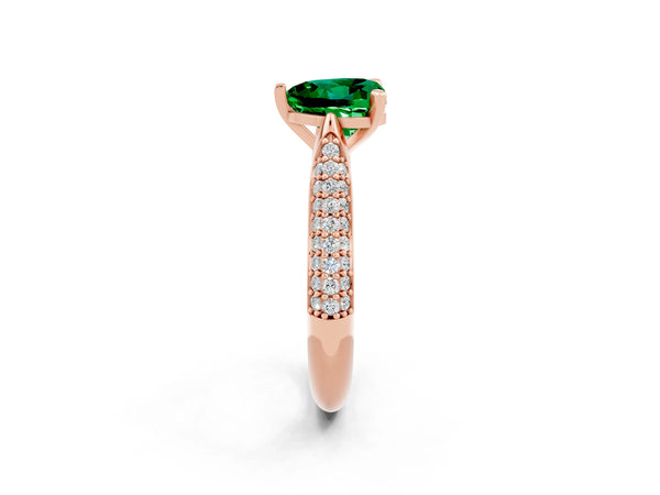 Rose gold Heart Cut Emerald Solitaire Engagement Ring with Multi-Row Round Pavé Band and Prong Setting