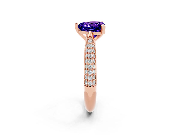 Rose gold Heart Cut Tanzanite Solitaire Engagement Ring with Multi-Row Round Pavé Band and Prong Setting