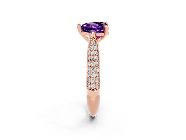 Rose gold Heart Cut Amethyst Solitaire Engagement Ring with Multi-Row Round Pavé Band and Prong Setting