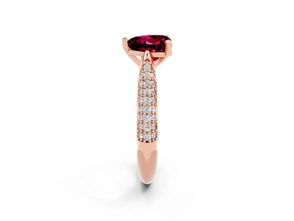 Rose gold Heart Cut Garnet Solitaire Engagement Ring with Multi-Row Round Pavé Band and Prong Setting
