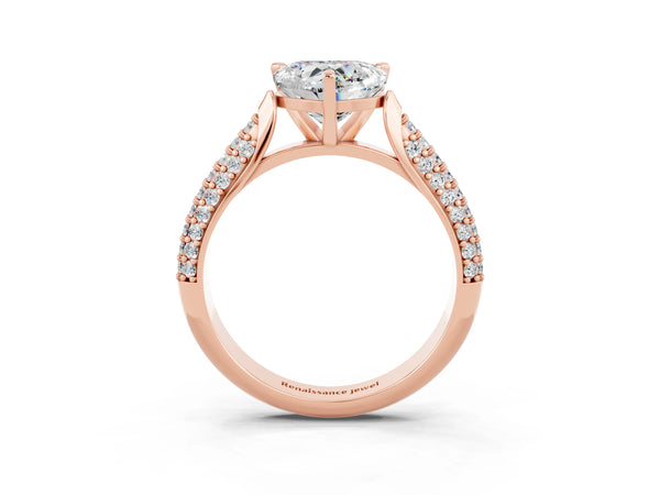 Rose gold Heart Cut Moissanite Solitaire Engagement Ring with Multi-Row Round Pavé Band and Prong Setting