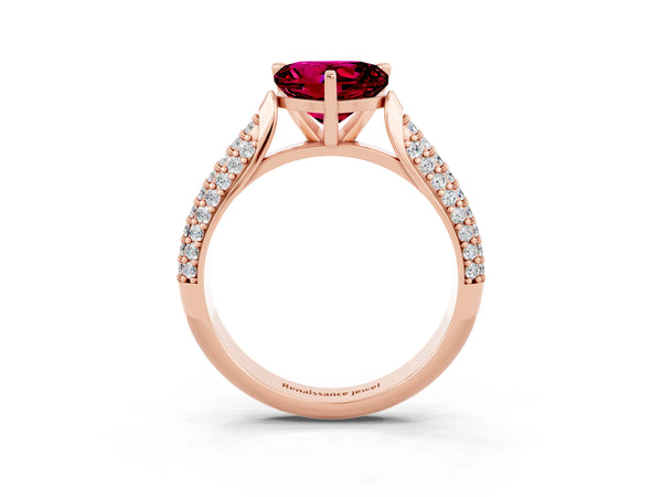 Rose gold Heart Cut Garnet Solitaire Engagement Ring with Multi-Row Round Pavé Band and Prong Setting