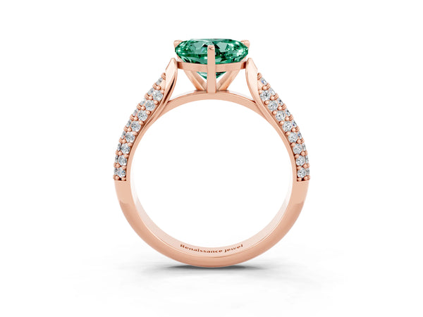 Rose gold Heart Cut Green Sapphire Solitaire Engagement Ring with Multi-Row Round Pavé Band and Prong Setting