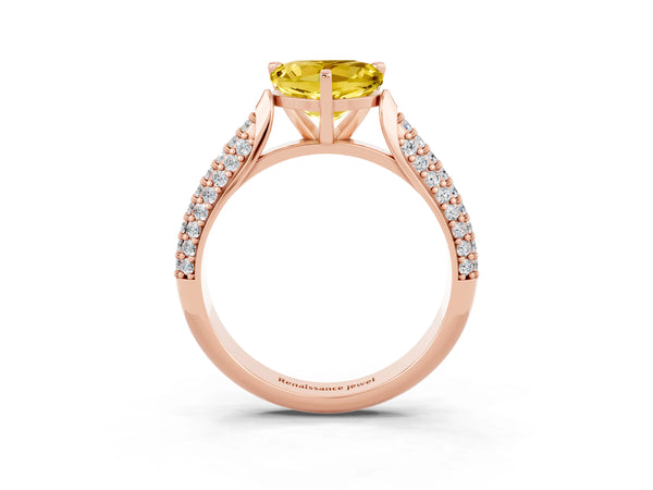 Rose gold Heart Cut Yellow Sapphire Solitaire Engagement Ring with Multi-Row Round Pavé Band and Prong Setting