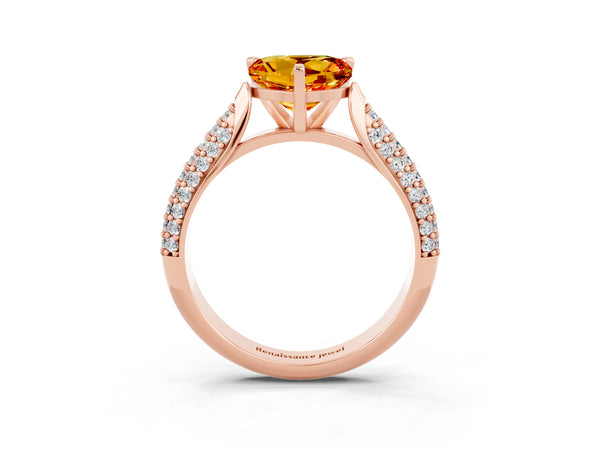 Rose gold Heart Cut Citrine Solitaire Engagement Ring with Multi-Row Round Pavé Band and Prong Setting