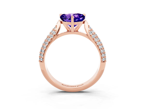 Rose gold Heart Cut Tanzanite Solitaire Engagement Ring with Multi-Row Round Pavé Band and Prong Setting