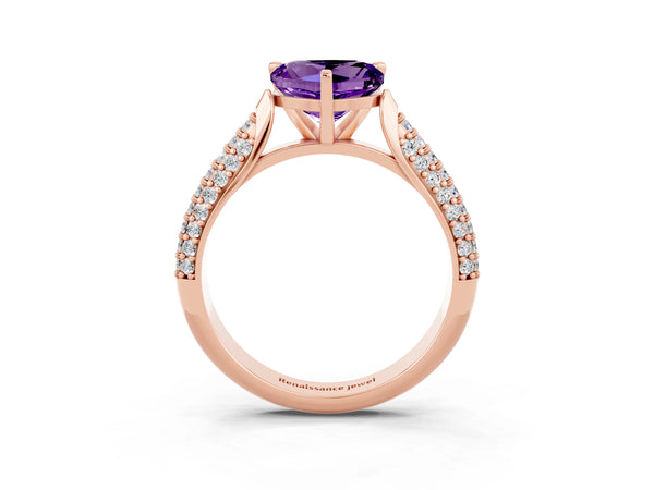 Rose gold Heart Cut Amethyst Solitaire Engagement Ring with Multi-Row Round Pavé Band and Prong Setting