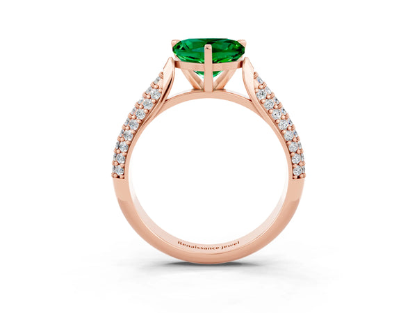 Rose gold Heart Cut Emerald Solitaire Engagement Ring with Multi-Row Round Pavé Band and Prong Setting
