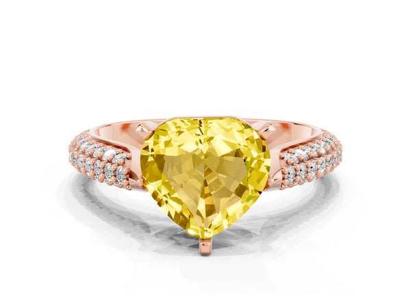 Rose gold Heart Cut Yellow Sapphire Solitaire Engagement Ring with Multi-Row Round Pavé Band and Prong Setting