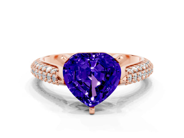 Rose gold Heart Cut Tanzanite Solitaire Engagement Ring with Multi-Row Round Pavé Band and Prong Setting