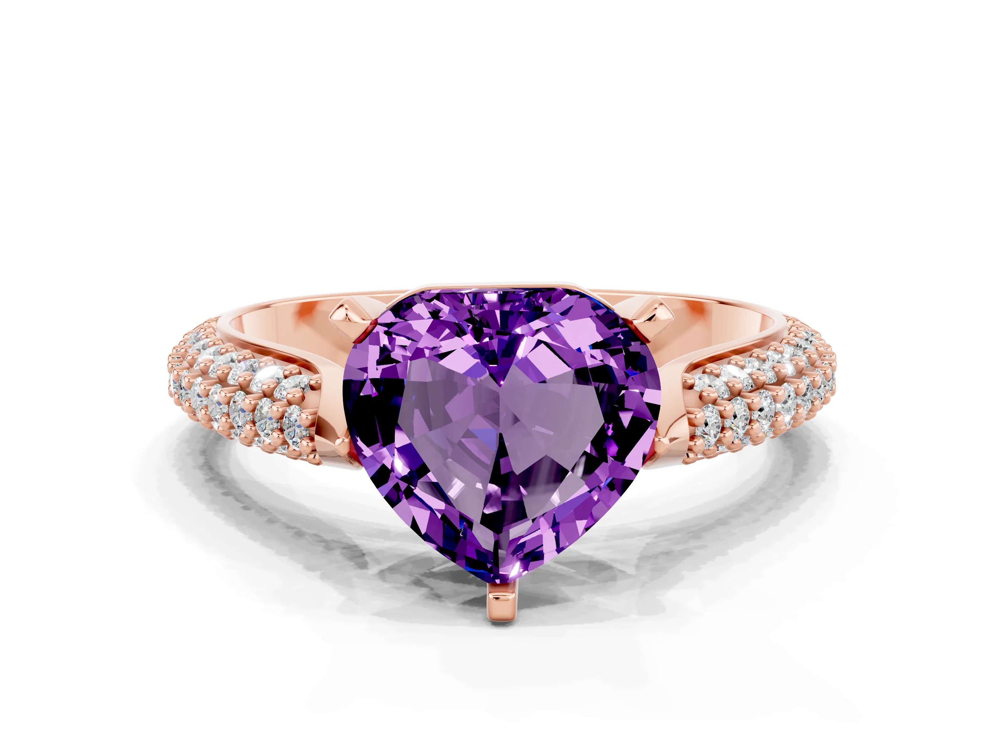 Rose gold Heart Cut Diamond Solitaire Engagement Ring with Pavé Band and Four-Prong Setting