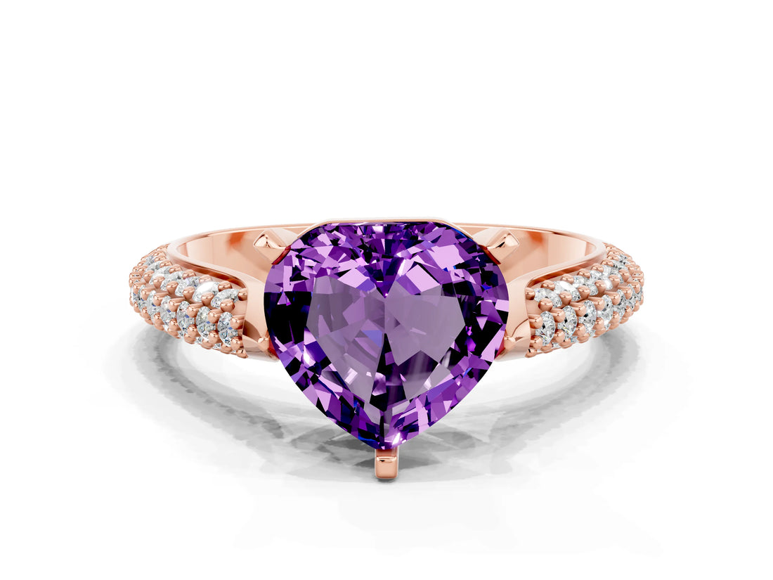 Rose gold Heart Cut Diamond Solitaire Engagement Ring with Pavé Band and Four-Prong Setting