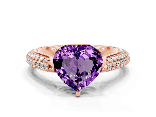 Rose gold Heart Cut Amethyst Solitaire Engagement Ring with Multi-Row Round Pavé Band and Prong Setting