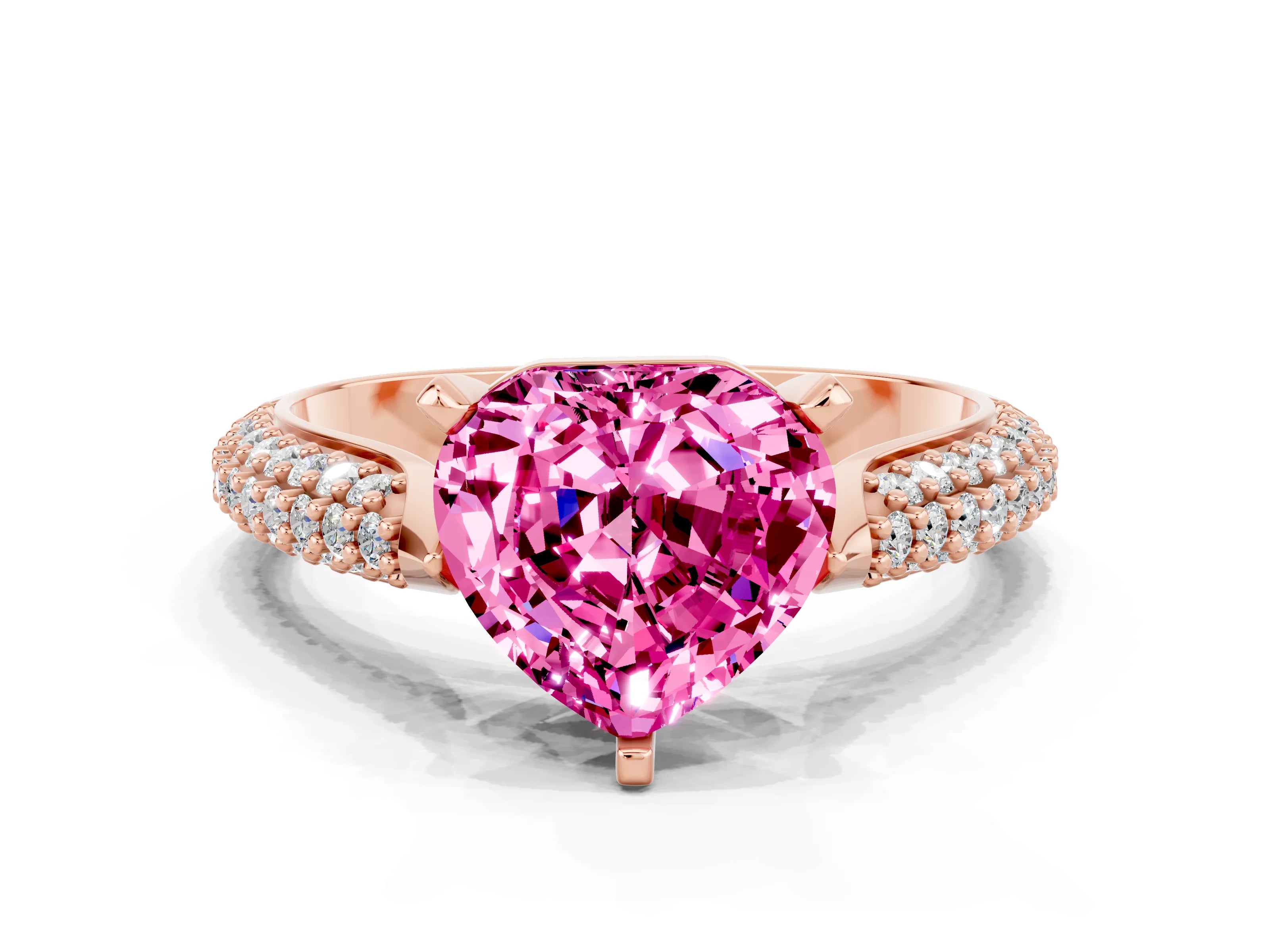 Rose gold Heart Cut Diamond Solitaire Engagement Ring with Pavé Band and Four-Prong Setting