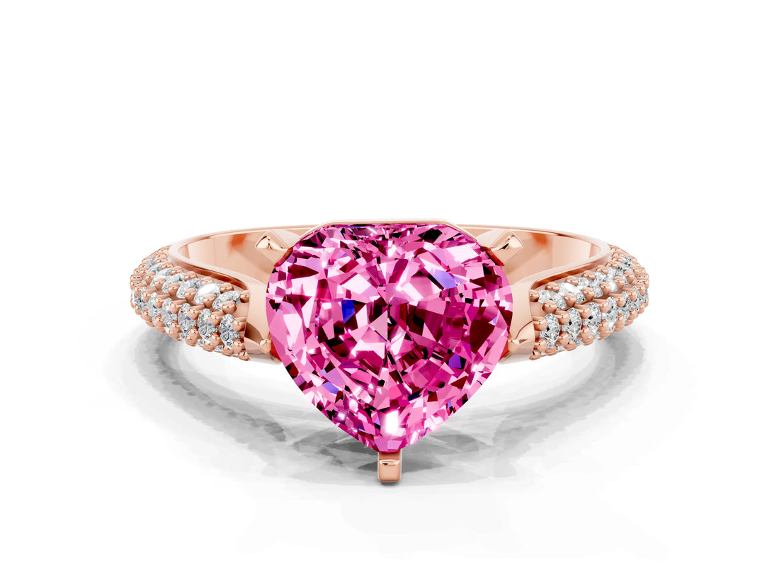 Rose gold Heart Cut Diamond Solitaire Engagement Ring with Pavé Band and Four-Prong Setting