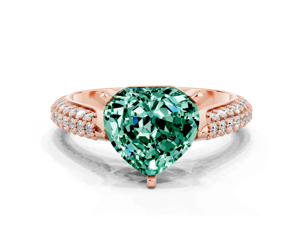 Rose gold Heart Cut Green Sapphire Solitaire Engagement Ring with Multi-Row Round Pavé Band and Prong Setting