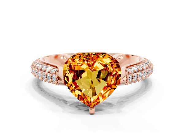 Rose gold Heart Cut Citrine Solitaire Engagement Ring with Multi-Row Round Pavé Band and Prong Setting