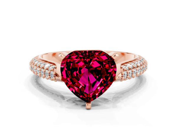 Rose gold Heart Cut Garnet Solitaire Engagement Ring with Multi-Row Round Pavé Band and Prong Setting