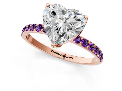 Rose gold Heart Cut Diamond Solitaire Engagement Ring with Round with Amethyst side stone Pavé Band and Prong Setting_1