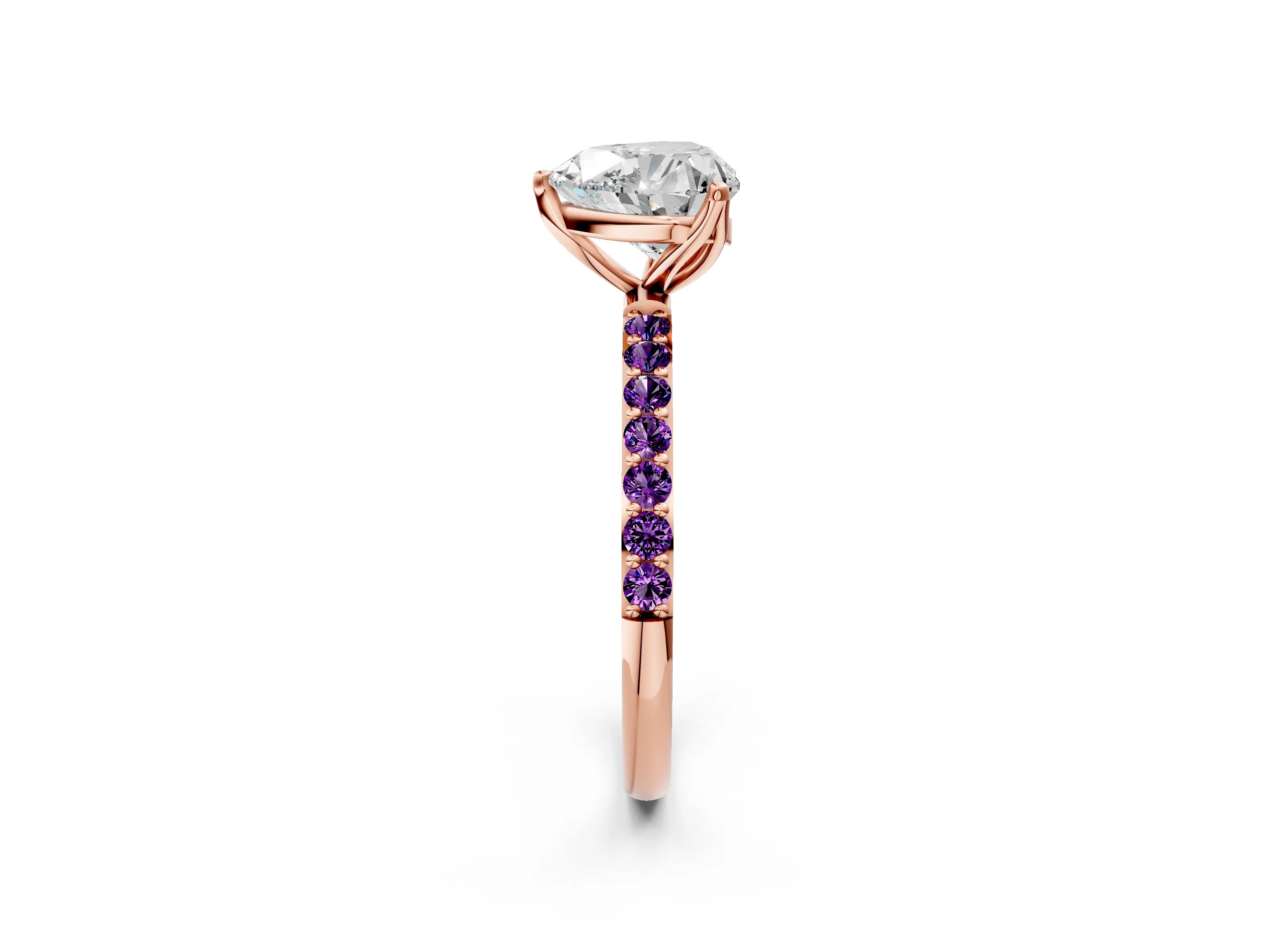 Rose gold Heart Cut Diamond Solitaire Engagement Ring with Round with Amethyst side stone Pavé Band and Prong Setting_2