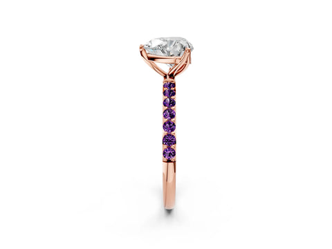Rose gold Heart Cut Diamond Solitaire Engagement Ring with Round with Amethyst side stone Pavé Band and Prong Setting_2