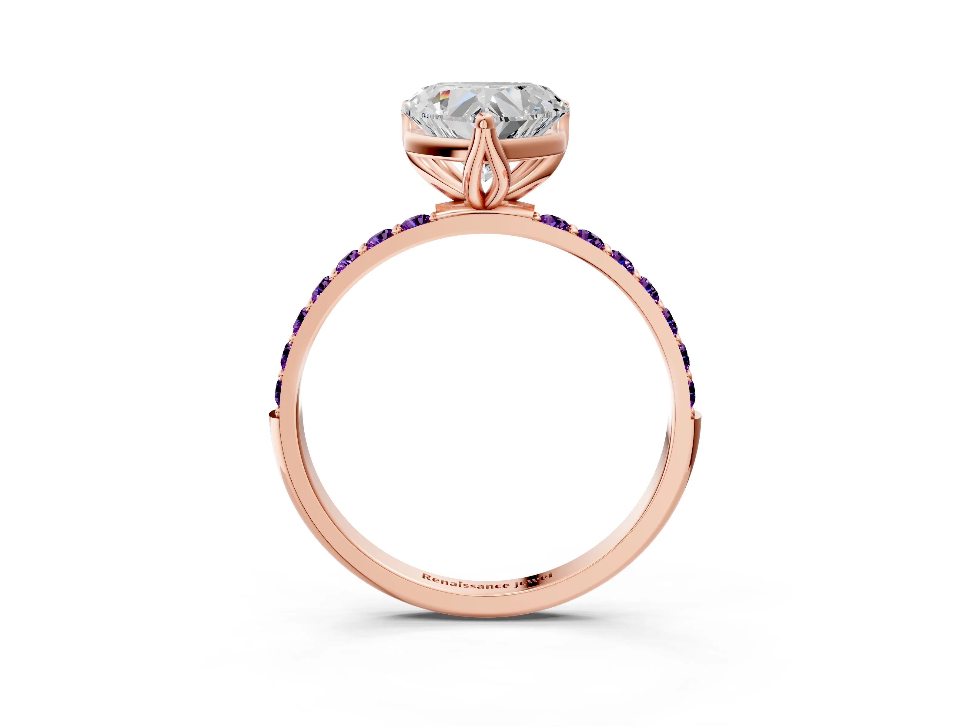 Rose gold Heart Cut Diamond Solitaire Engagement Ring with Round with Amethyst side stone Pavé Band and Prong Setting_3
