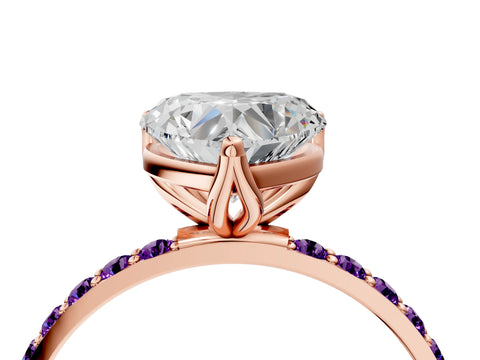 Rose gold Heart Cut Diamond Solitaire Engagement Ring with Round with Amethyst side stone Pavé Band and Prong Setting_4