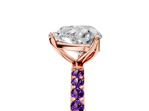 Rose gold Heart Cut Diamond Solitaire Engagement Ring with Round with Amethyst side stone Pavé Band and Prong Setting_5