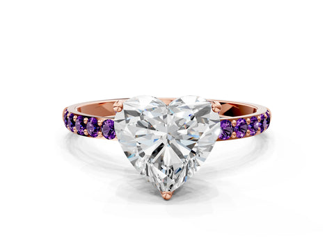 Rose gold Heart Cut Diamond Solitaire Engagement Ring with Round with Amethyst side stone Pavé Band and Prong Setting