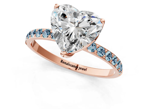 Rose gold Heart Cut Diamond Solitaire Engagement Ring with Round with Aquamarine side stone Pavé Band and Prong Setting_1