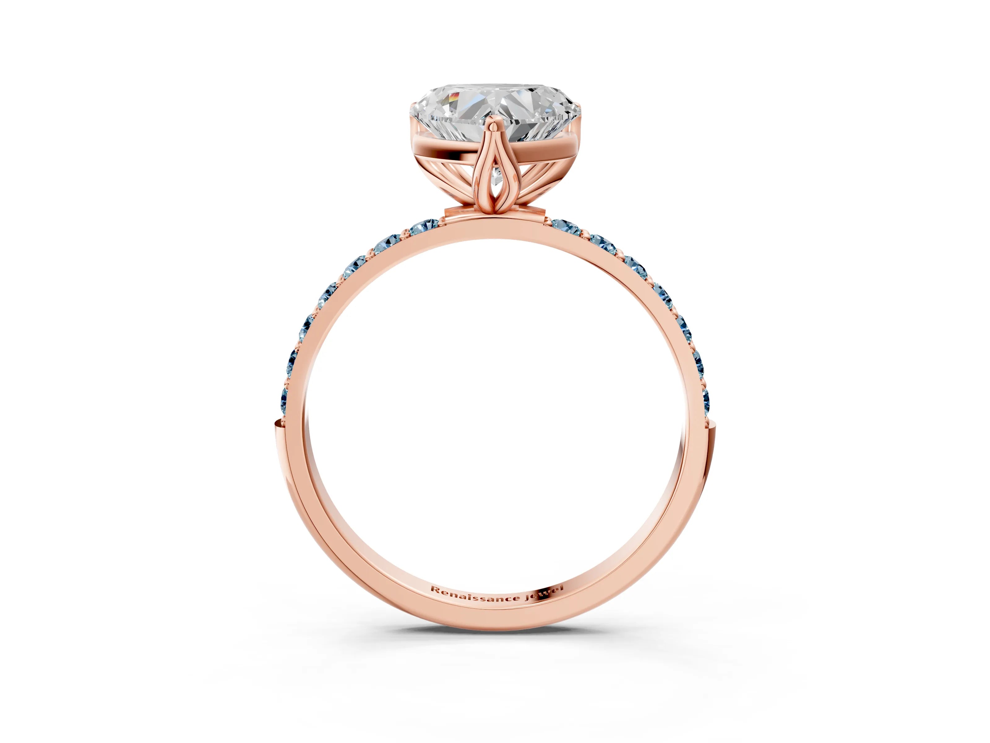 Rose gold Heart Cut Diamond Solitaire Engagement Ring with Round with Aquamarine side stone Pavé Band and Prong Setting_3