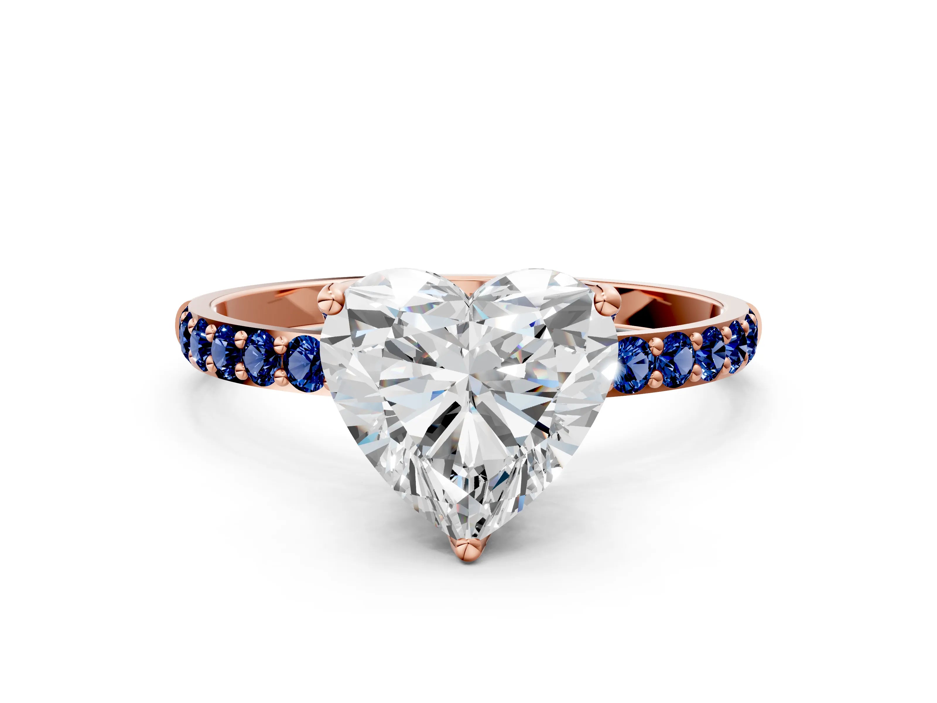 Rose gold Heart Cut Diamond Solitaire Engagement Ring with Round with Blue Sapphire side stone Pavé Band and Prong Setting