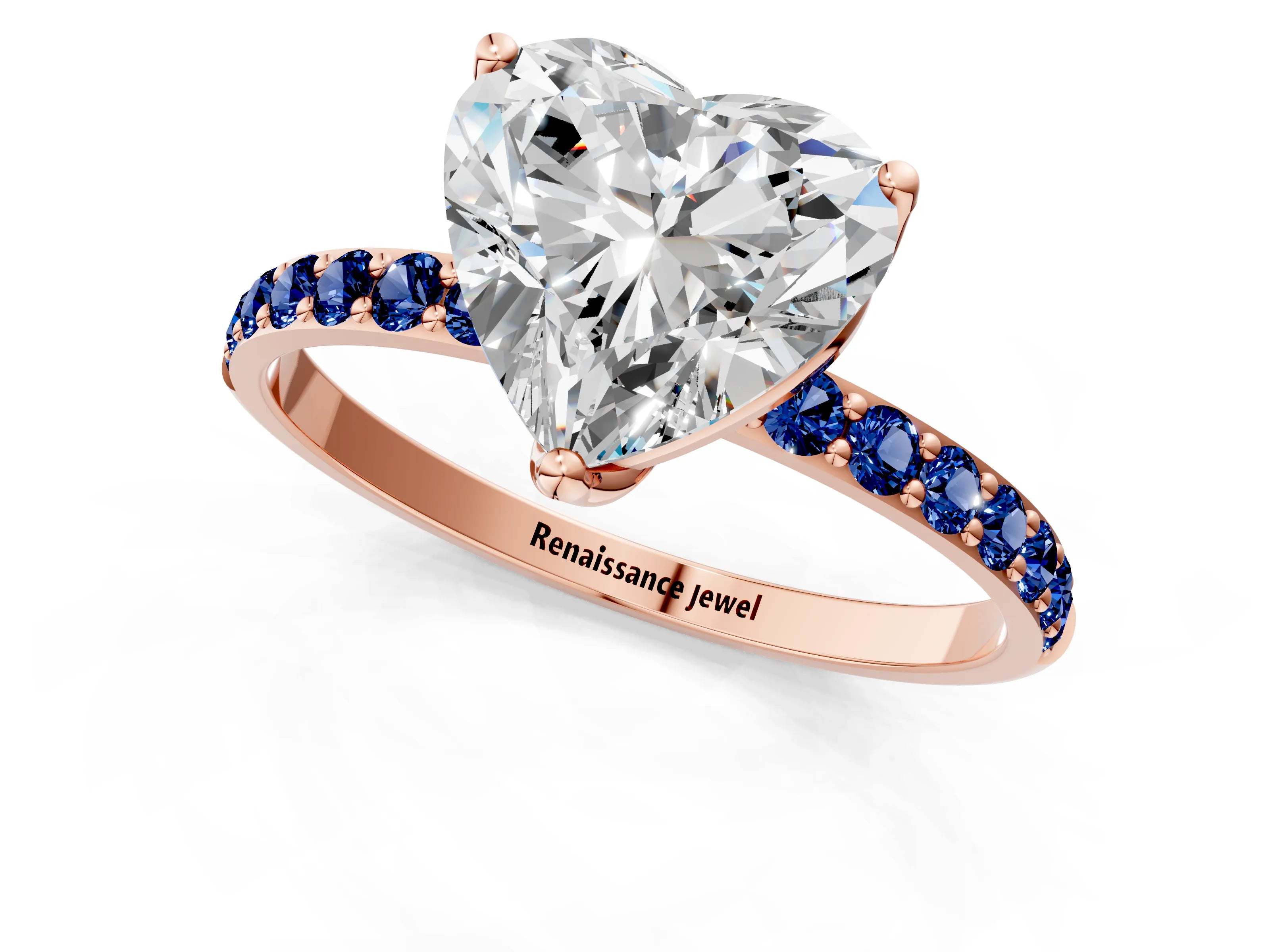 Rose gold Heart Cut Diamond Solitaire Engagement Ring with Round with Blue Sapphire side stone Pavé Band and Prong Setting_1