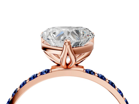 Rose gold Heart Cut Diamond Solitaire Engagement Ring with Round with Blue Sapphire side stone Pavé Band and Prong Setting_4