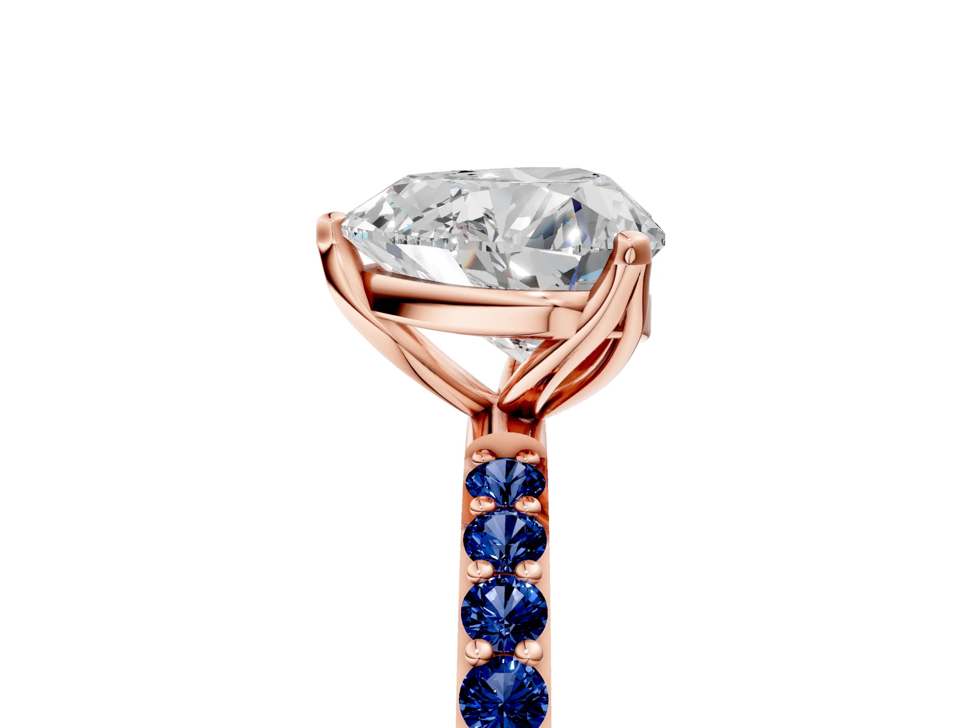 Rose gold Heart Cut Diamond Solitaire Engagement Ring with Round with Blue Sapphire side stone Pavé Band and Prong Setting_5