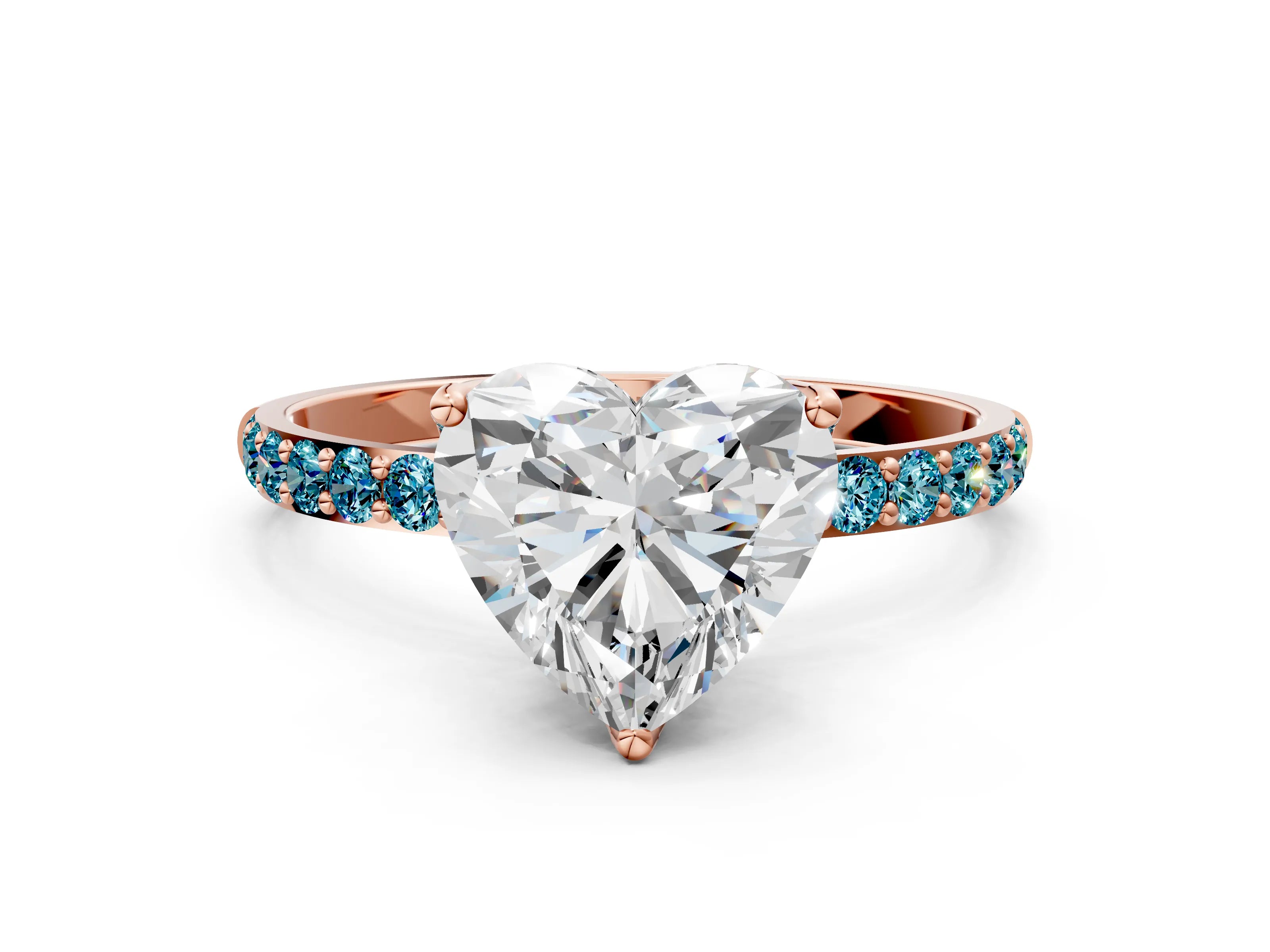 Rose gold Heart Cut Diamond Solitaire Engagement Ring with Round with Blue Topaz side stone Pavé Band and Prong Setting