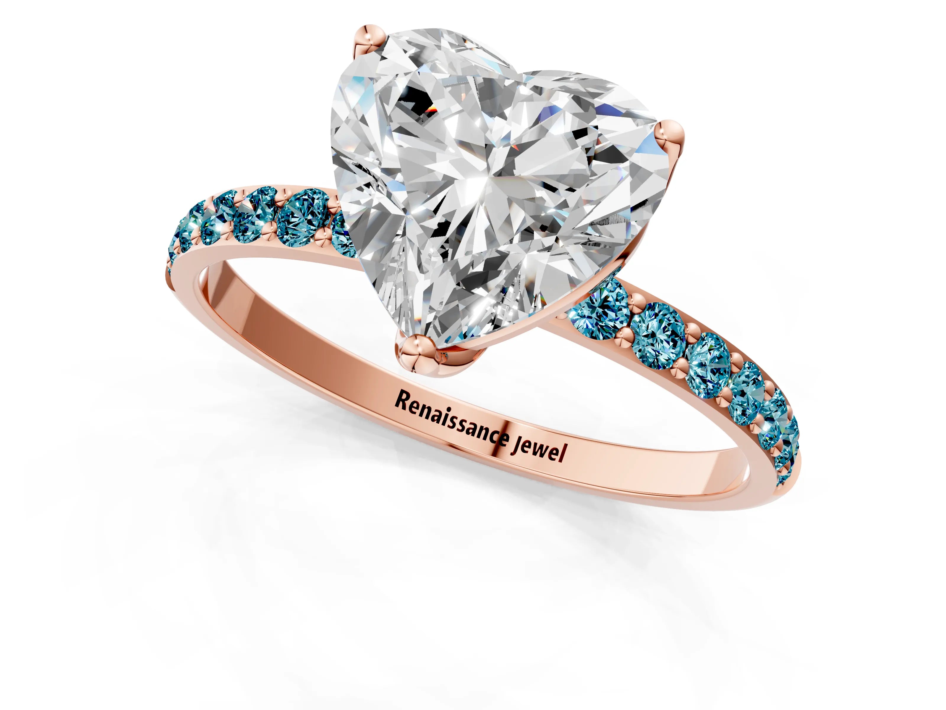 Rose gold Heart Cut Diamond Solitaire Engagement Ring with Round with Blue Topaz side stone Pavé Band and Prong Setting_1