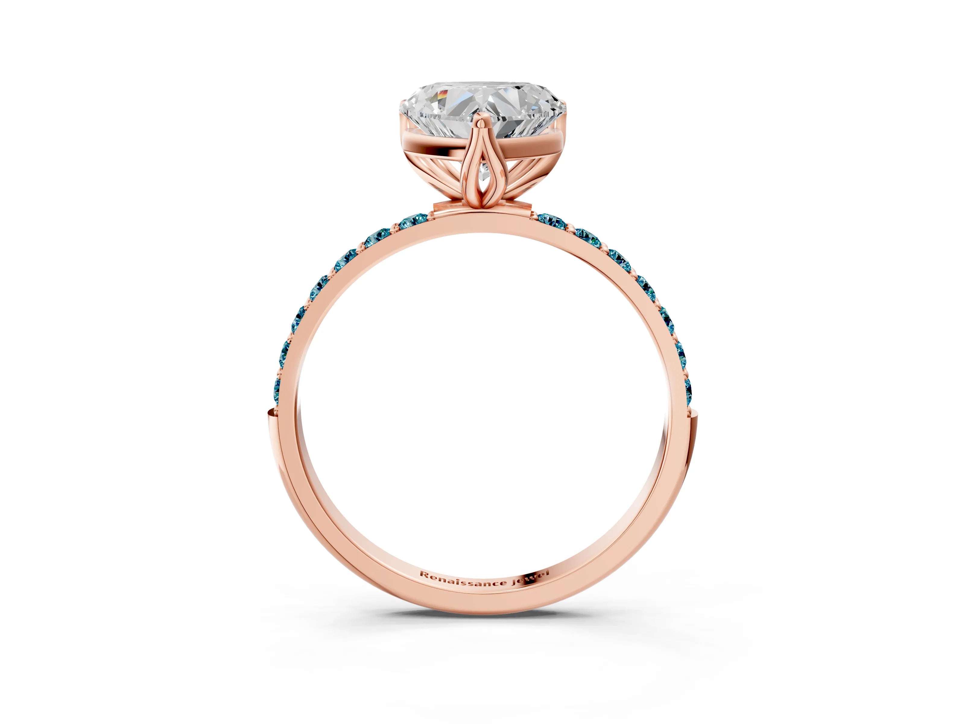 Rose gold Heart Cut Diamond Solitaire Engagement Ring with Round with Blue Topaz side stone Pavé Band and Prong Setting_3