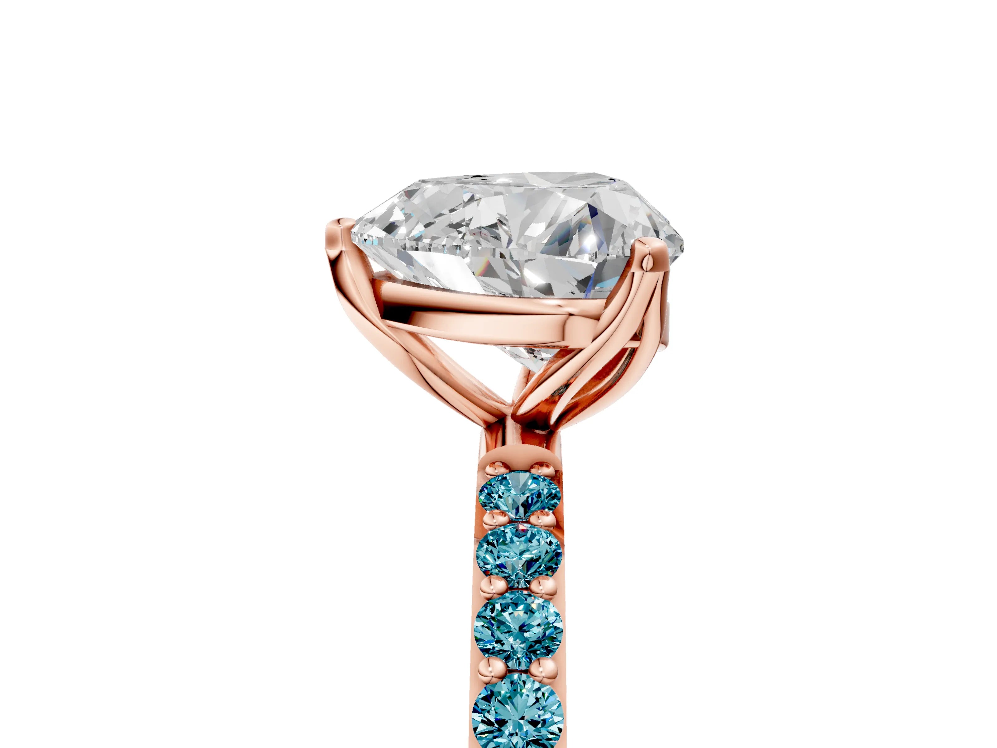 Rose gold Heart Cut Diamond Solitaire Engagement Ring with Round with Blue Topaz side stone Pavé Band and Prong Setting_5