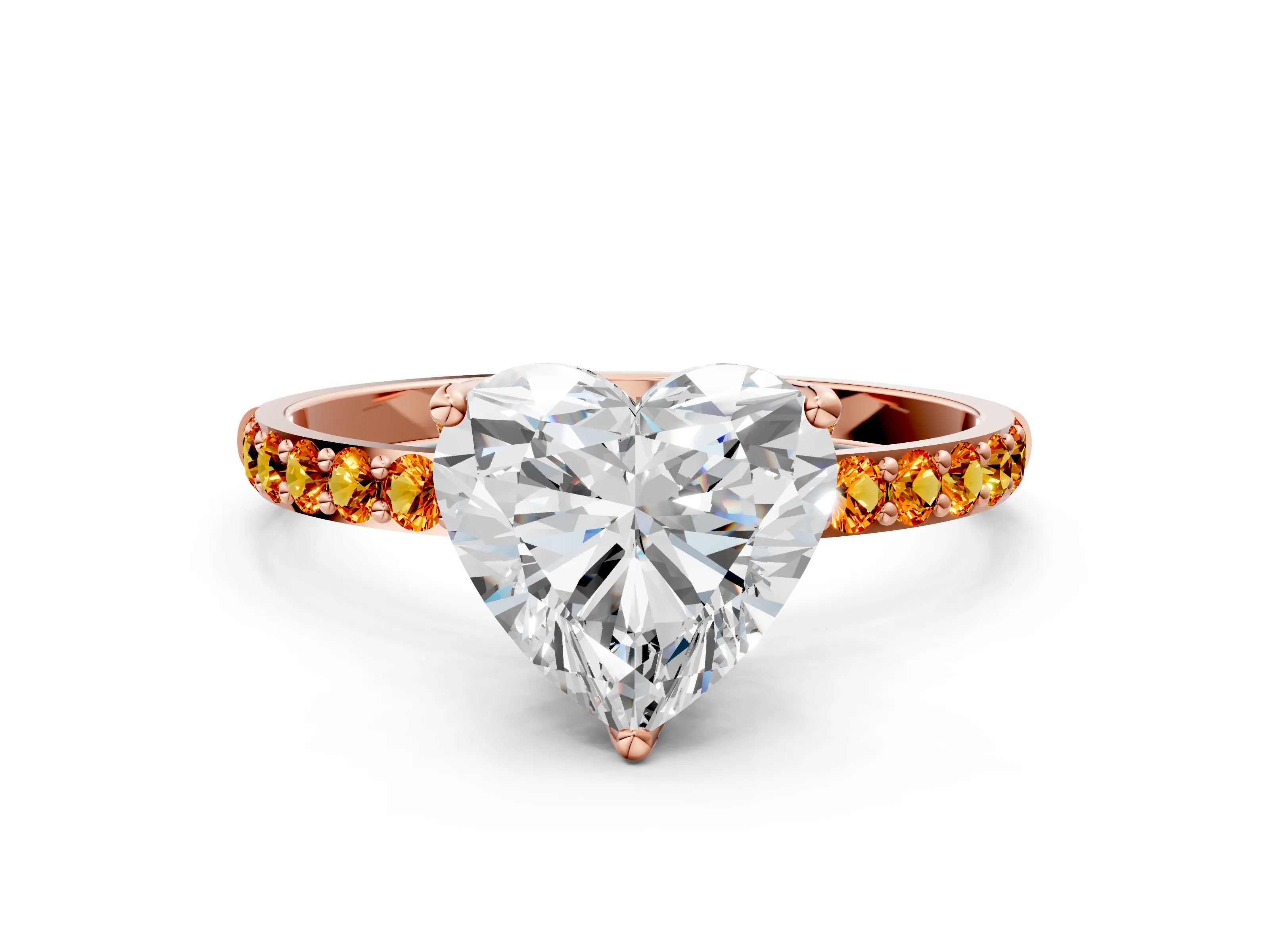 Rose gold Heart Cut Diamond Solitaire Engagement Ring with Round with Citrine side stone Pavé Band and Prong Setting