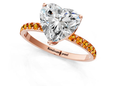 Rose gold Heart Cut Diamond Solitaire Engagement Ring with Round with Citrine side stone Pavé Band and Prong Setting_1