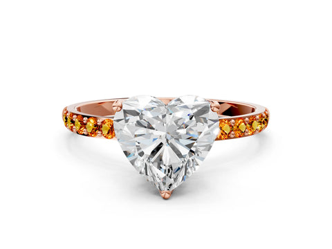 Rose gold Heart Cut Diamond Solitaire Engagement Ring with Round with Citrine side stone Pavé Band and Prong Setting
