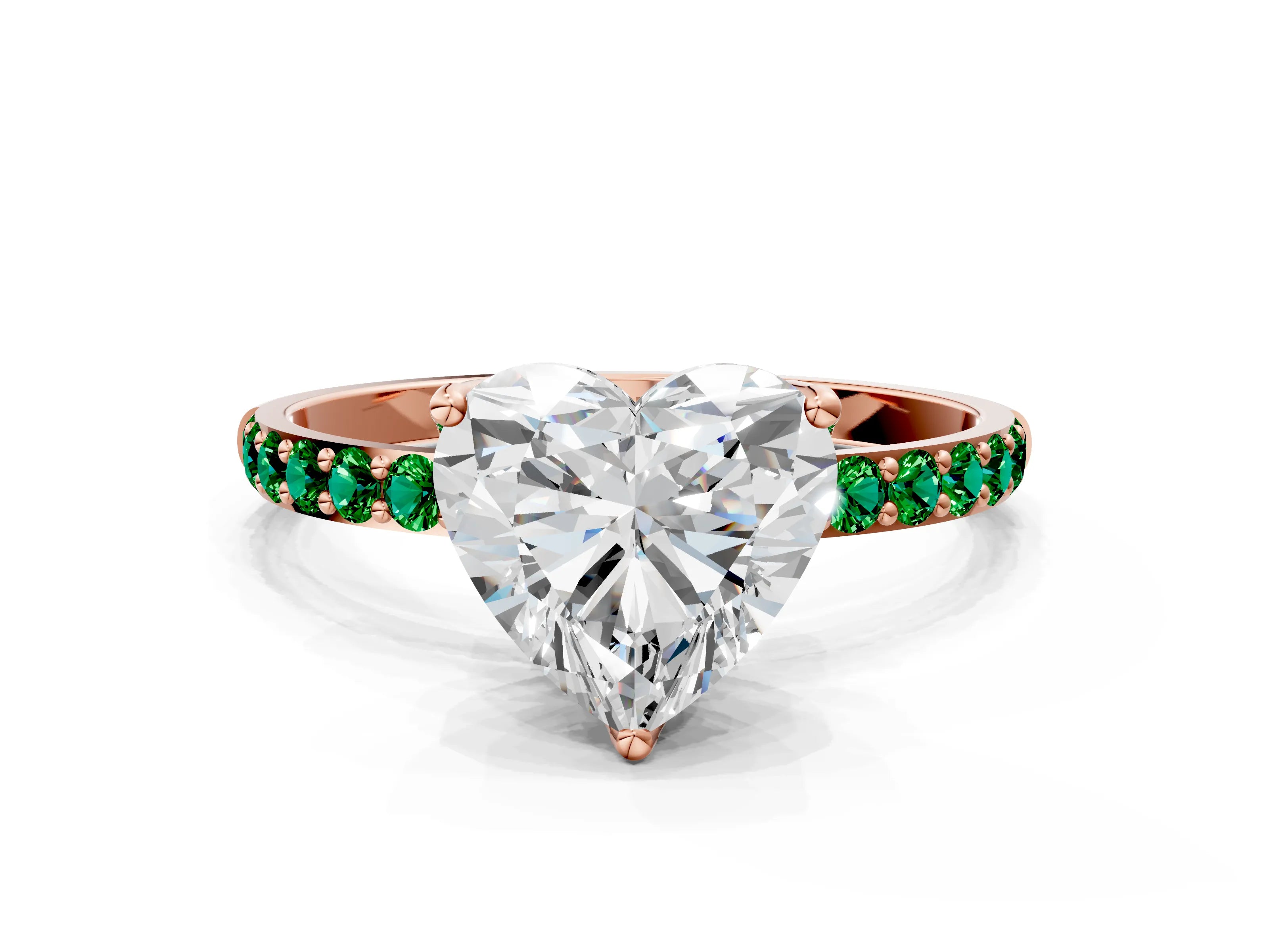 Rose gold Heart Cut Diamond Solitaire Engagement Ring with Round with Emerald side stone Pavé Band and Prong Setting
