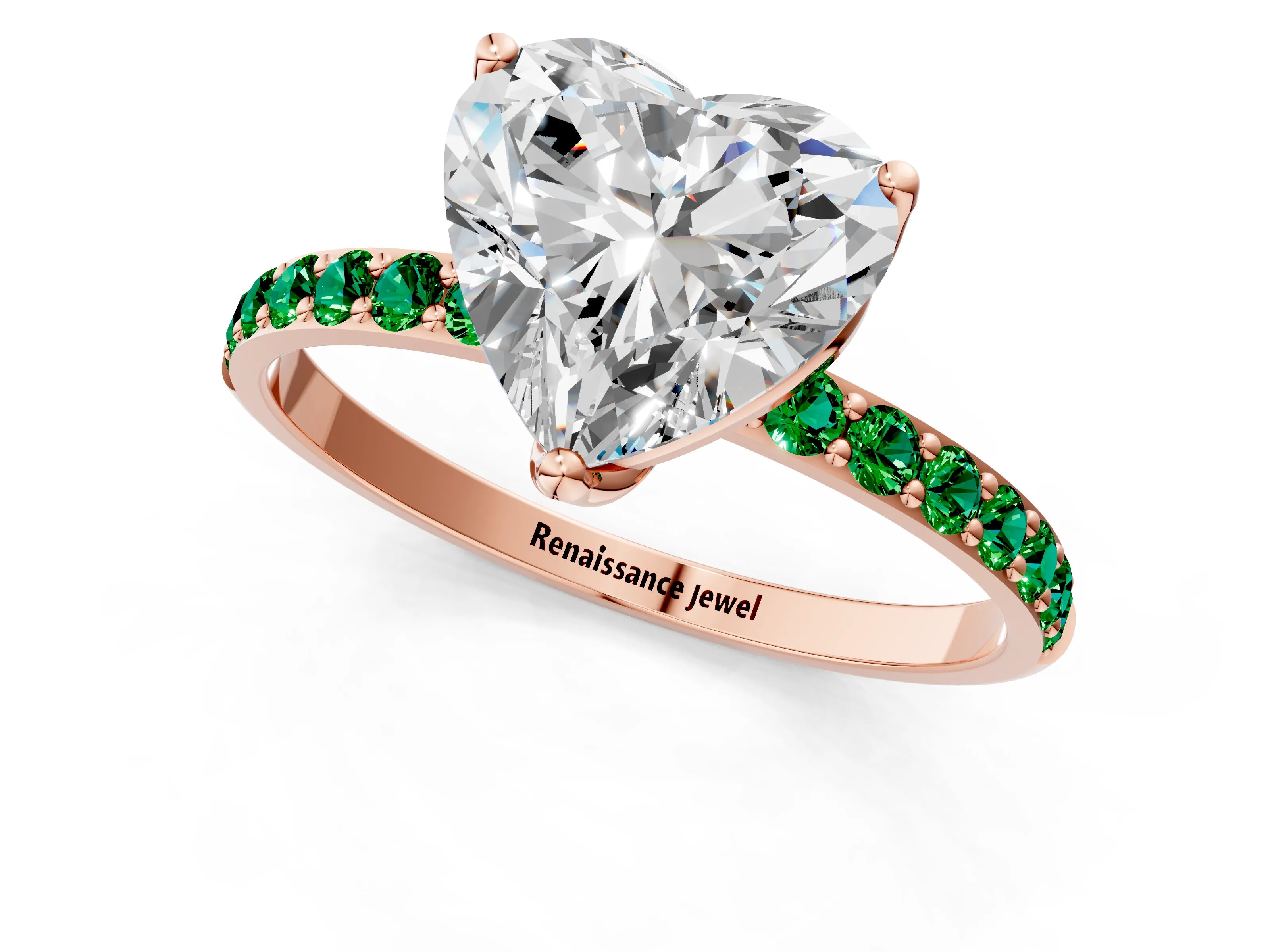 Rose gold Heart Cut Diamond Solitaire Engagement Ring with Round with Emerald side stone Pavé Band and Prong Setting_1