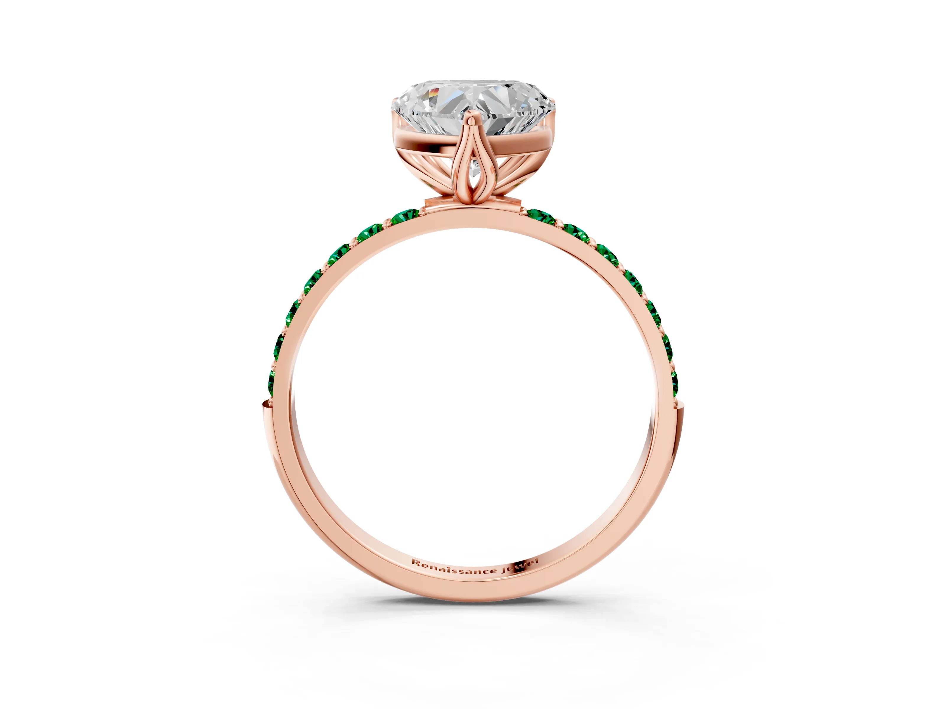 Rose gold Heart Cut Diamond Solitaire Engagement Ring with Round with Emerald side stone Pavé Band and Prong Setting_3