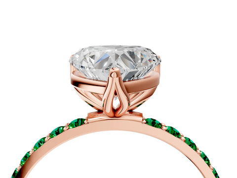 Rose gold Heart Cut Diamond Solitaire Engagement Ring with Round with Emerald side stone Pavé Band and Prong Setting_4