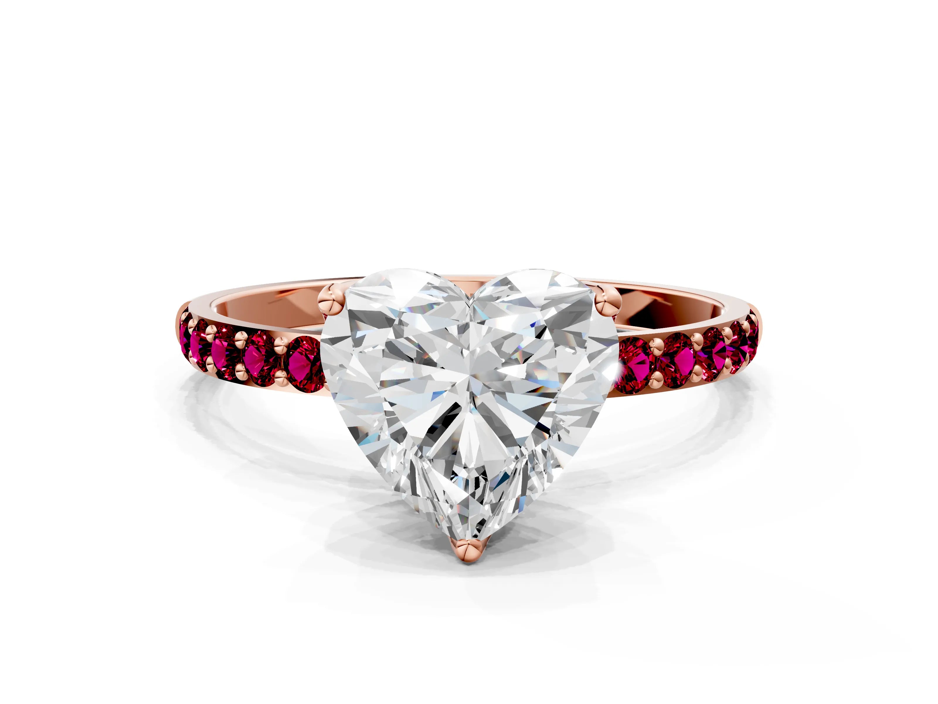 Rose gold Heart Cut Diamond Solitaire Engagement Ring with Round with Garnet side stone Pavé Band and Prong Setting